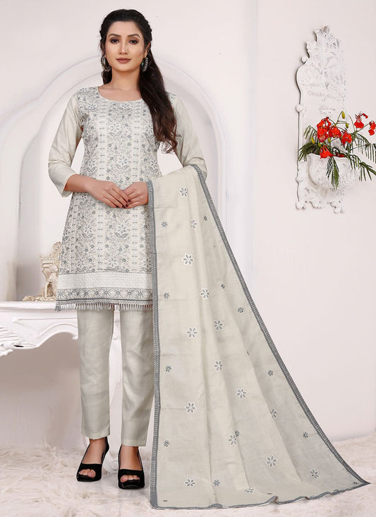 Pant Style Suit Cotton Off White Embroidered Salwar Kameez