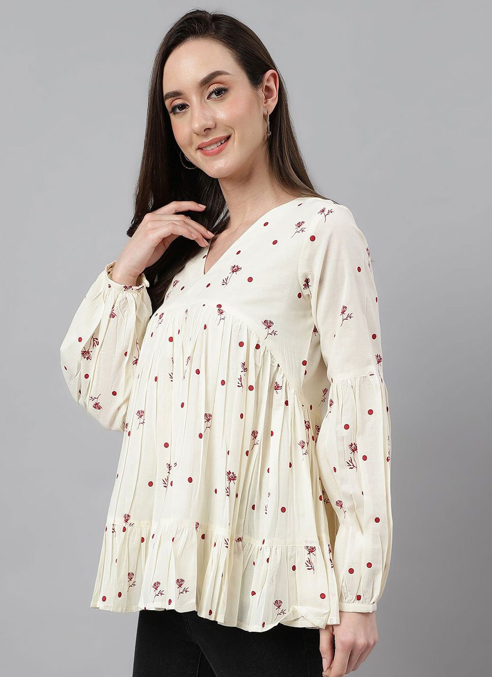 Casual Kurti Cotton Off White Floral Patch Kurtis