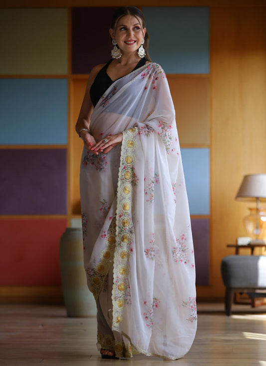 Contemporary Georgette Off White Floral Patch Saree