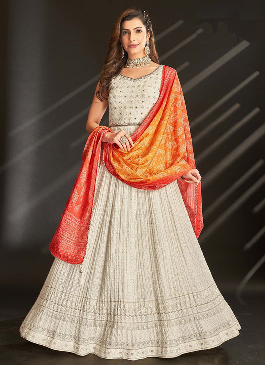 Readymade Style Georgette Off White Embroidered Salwar Kameez