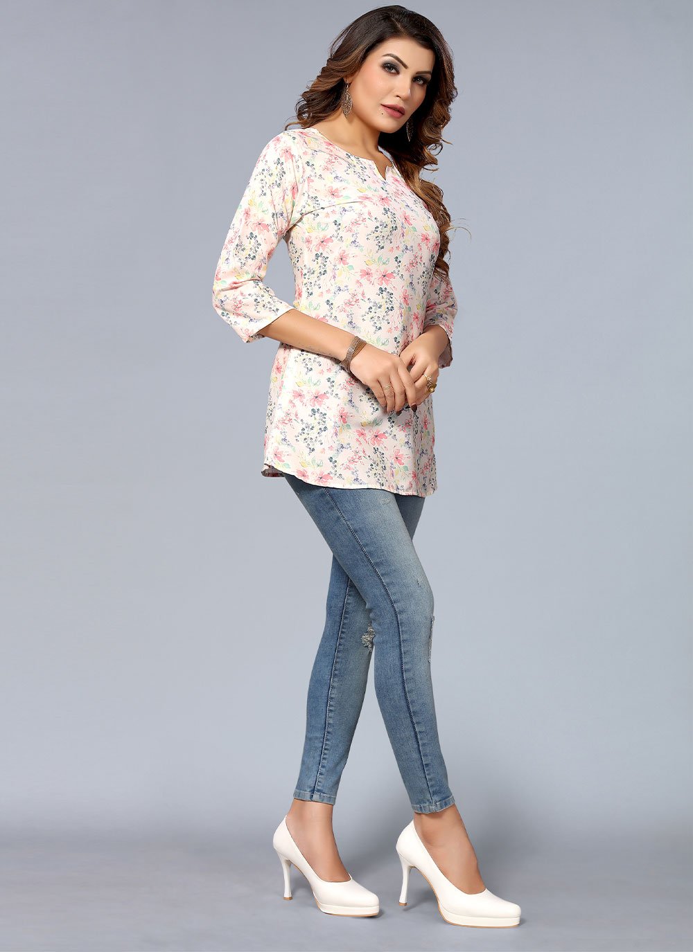 Party Wear Kurti Rayon Off White Print Kurtis