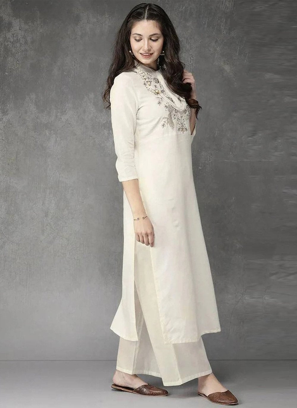 Designer Kurti Rayon Off White Embroidered Kurtis