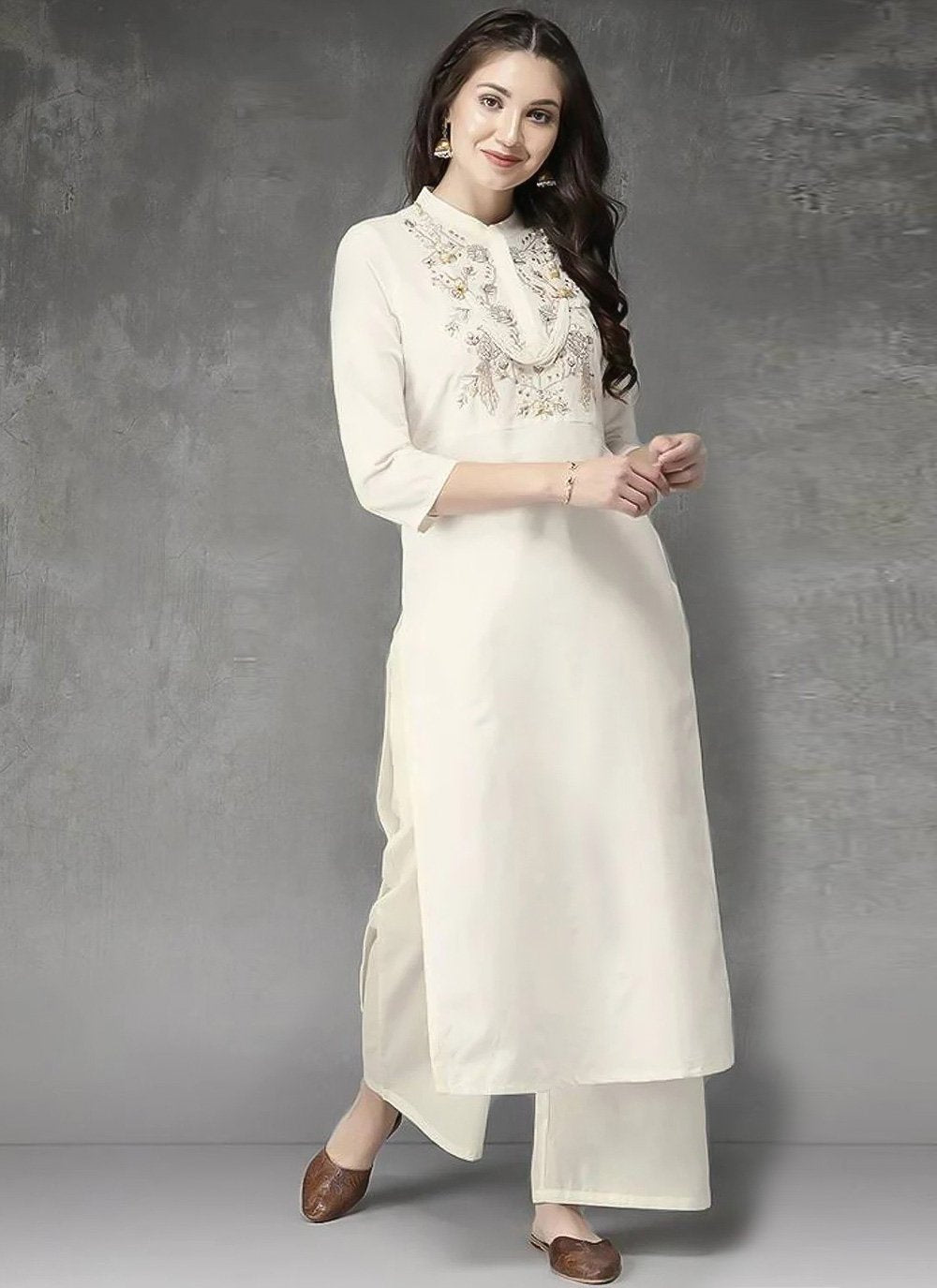 Designer Kurti Rayon Off White Embroidered Kurtis