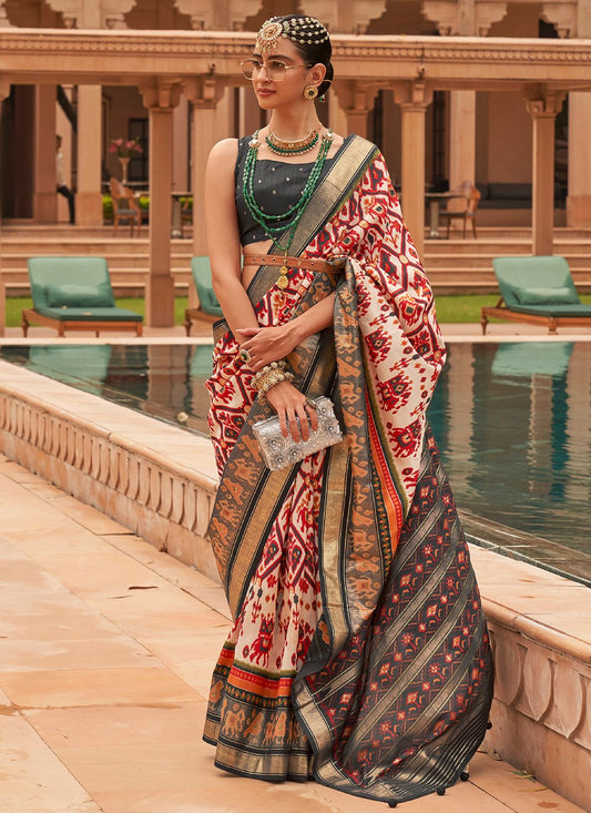 Contemporary Patola Silk Off White Foil Print Saree