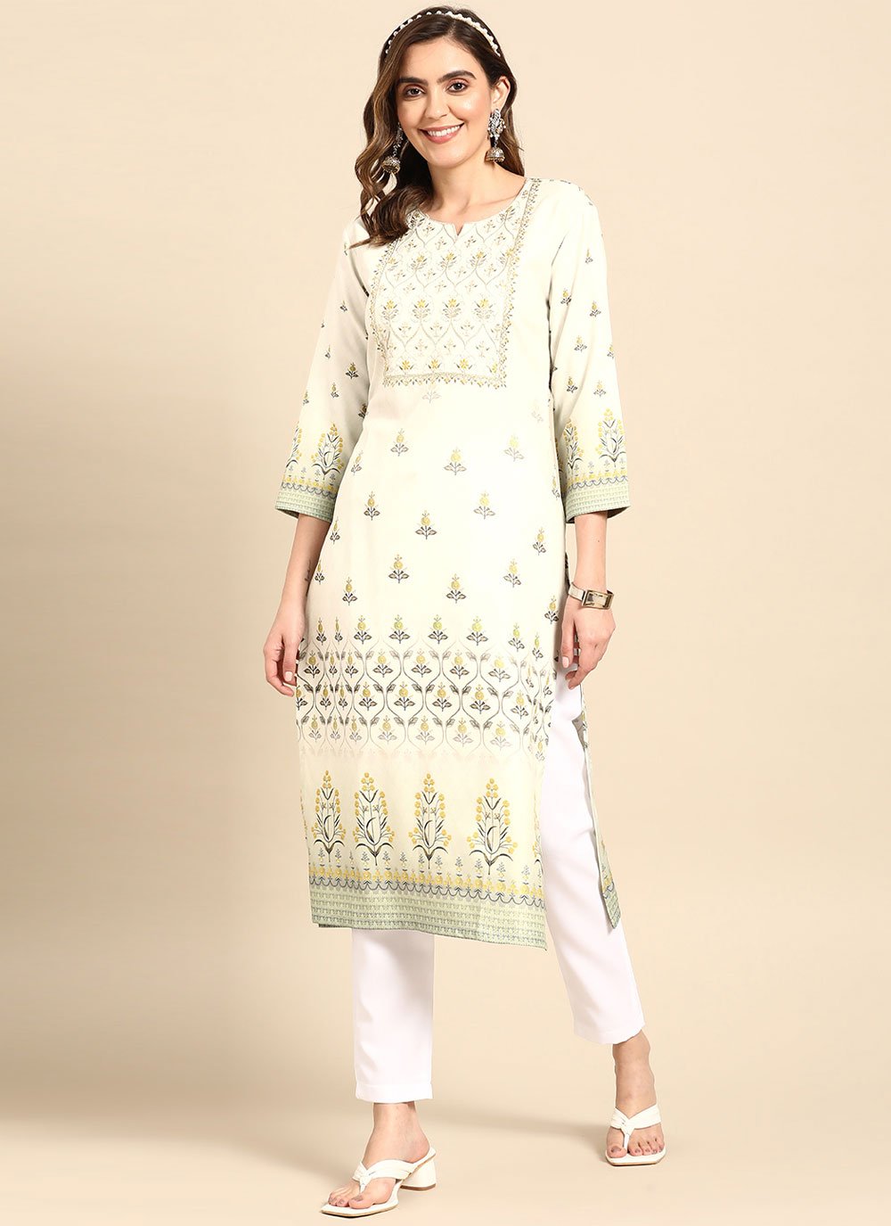 Casual Kurti Poly Rayon Off White Print Kurtis