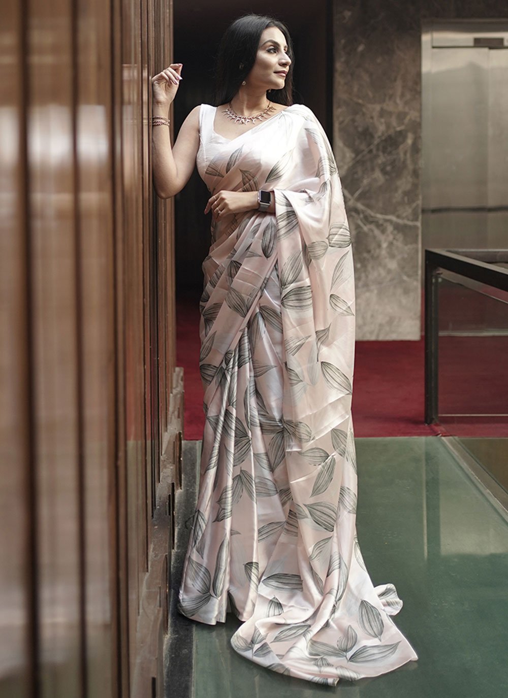 Contemporary Satin Off White Print Saree