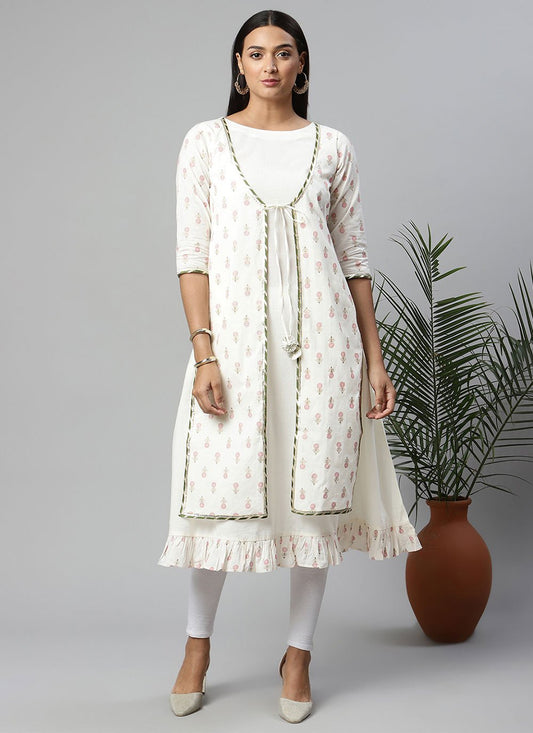 Designer Kurti Cotton Off White Print Kurtis