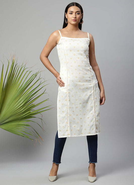 Designer Kurti Cotton Off White Print Kurtis