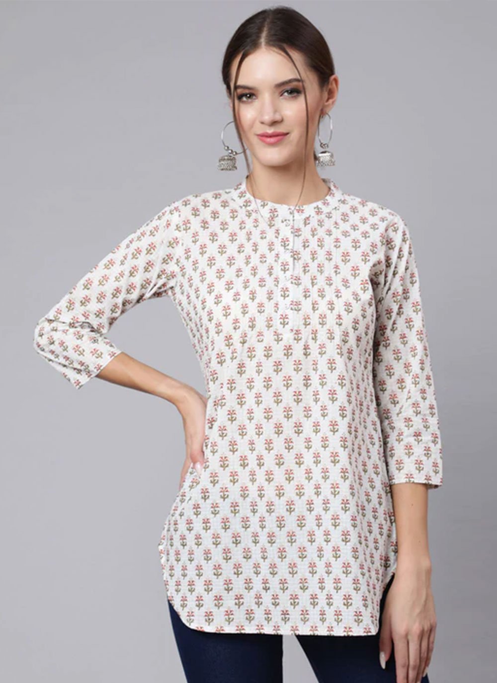 Party Wear Kurti Cotton Off White Print Kurtis