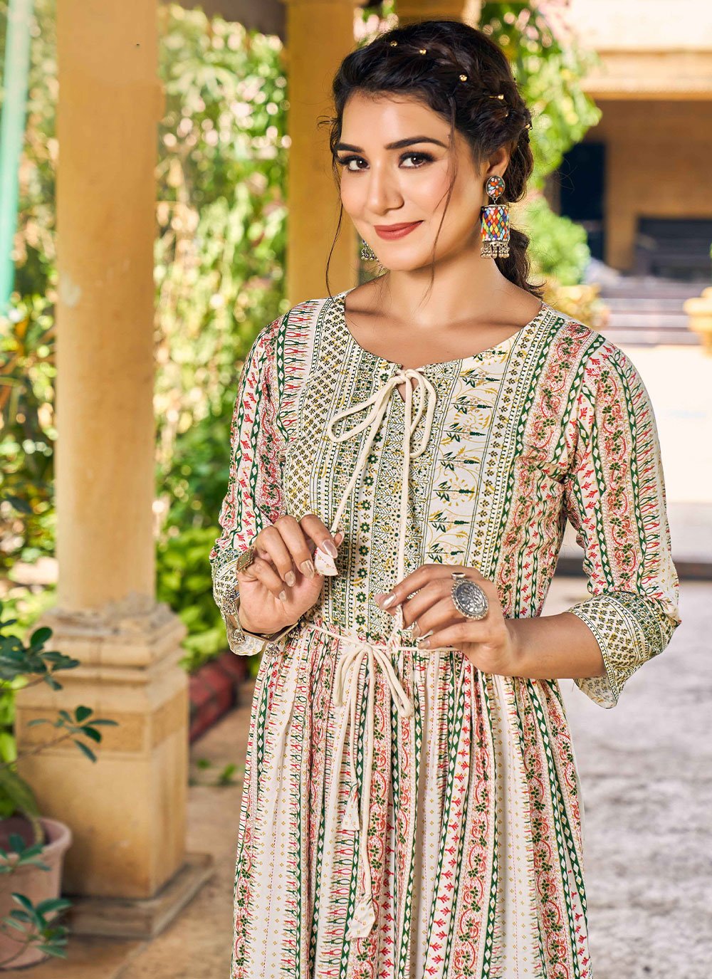 Party Wear Kurti Rayon Off White Print Kurtis