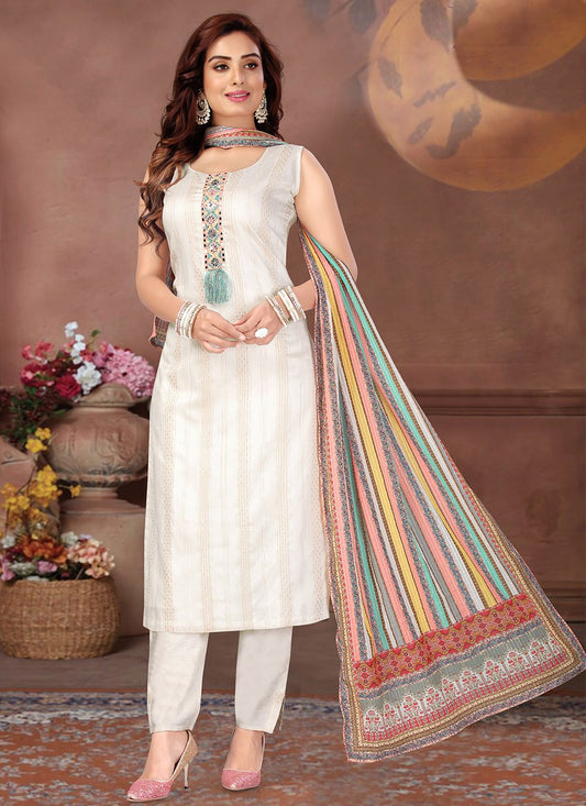 Salwar Suit Silk Off White Embroidered Salwar Kameez