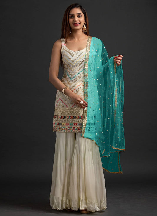 Palazzo Salwar Suit Faux Georgette Off White Embroidered Salwar Kameez