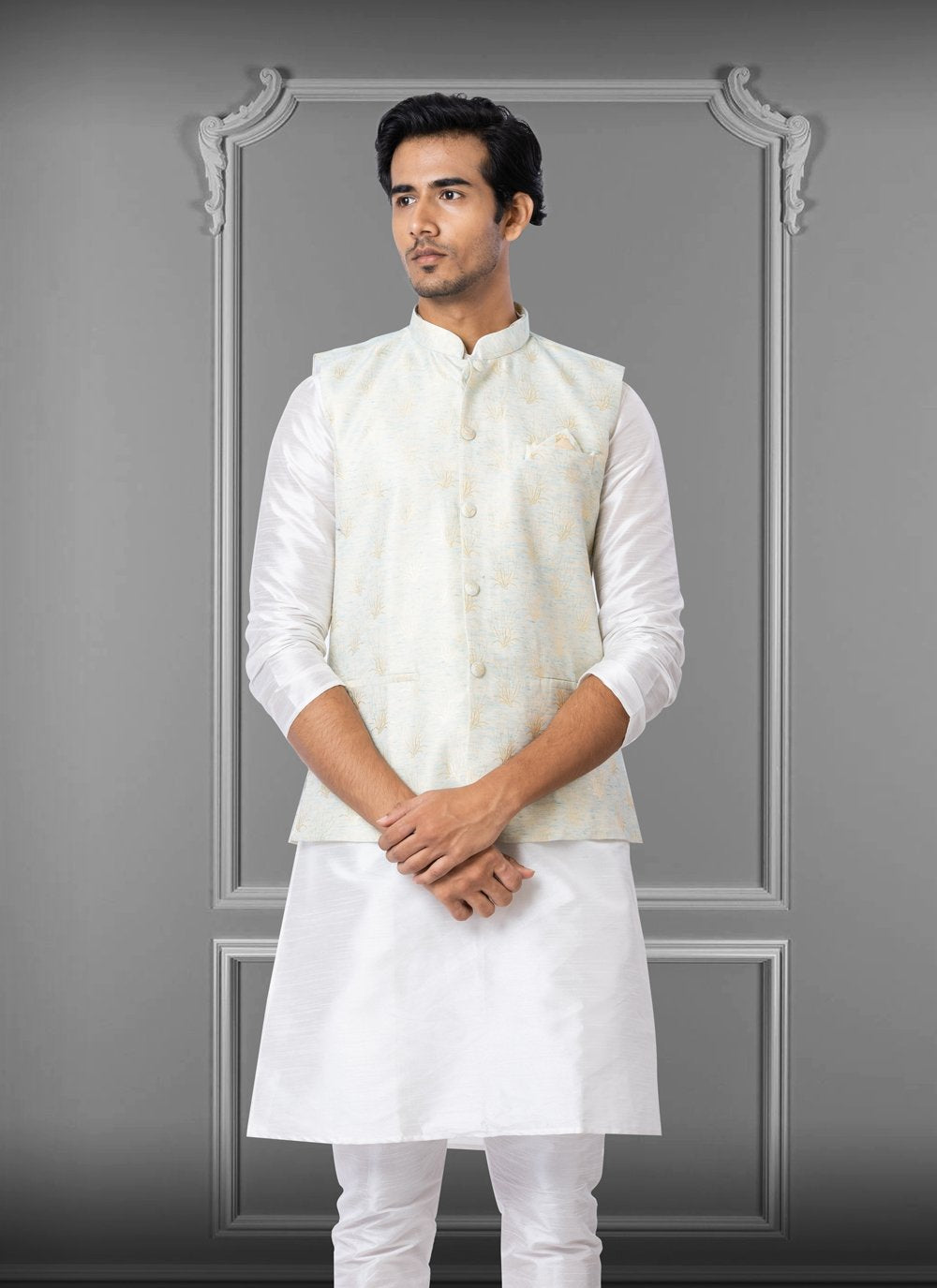 Nehru Jackets Linen Silk Off White Embroidered Mens