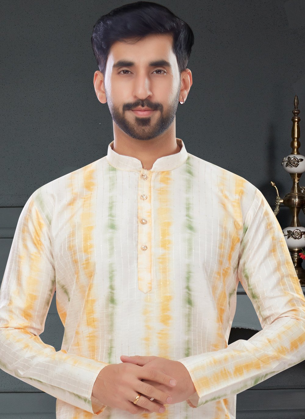 Kurta Pyjama Silk Off White Digital Print Mens