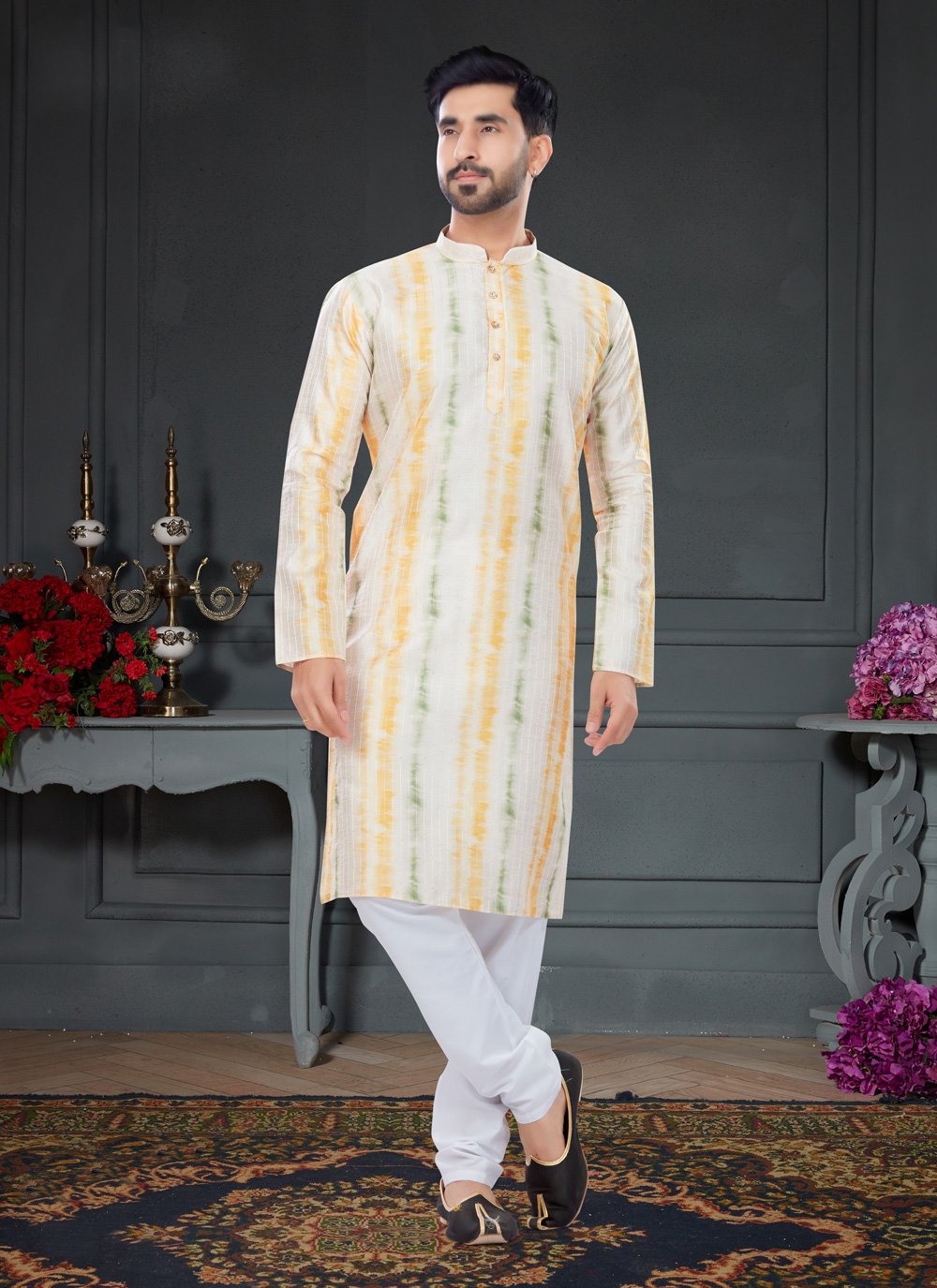 Kurta Pyjama Silk Off White Digital Print Mens