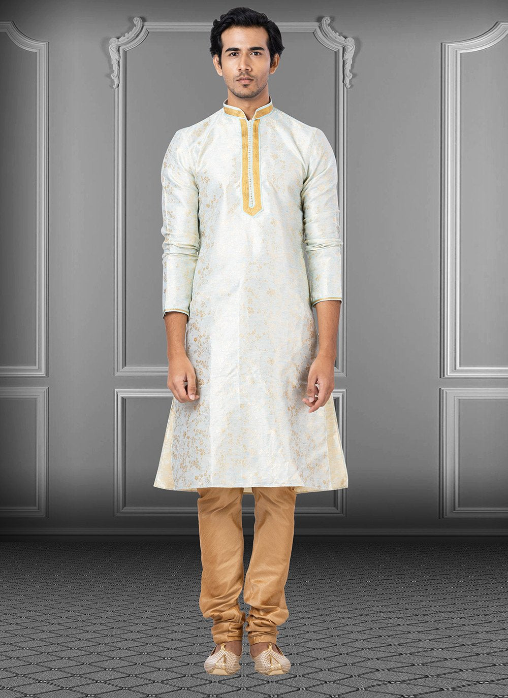 Kurta Pyjama Linen Silk Off White Fancy Work Mens