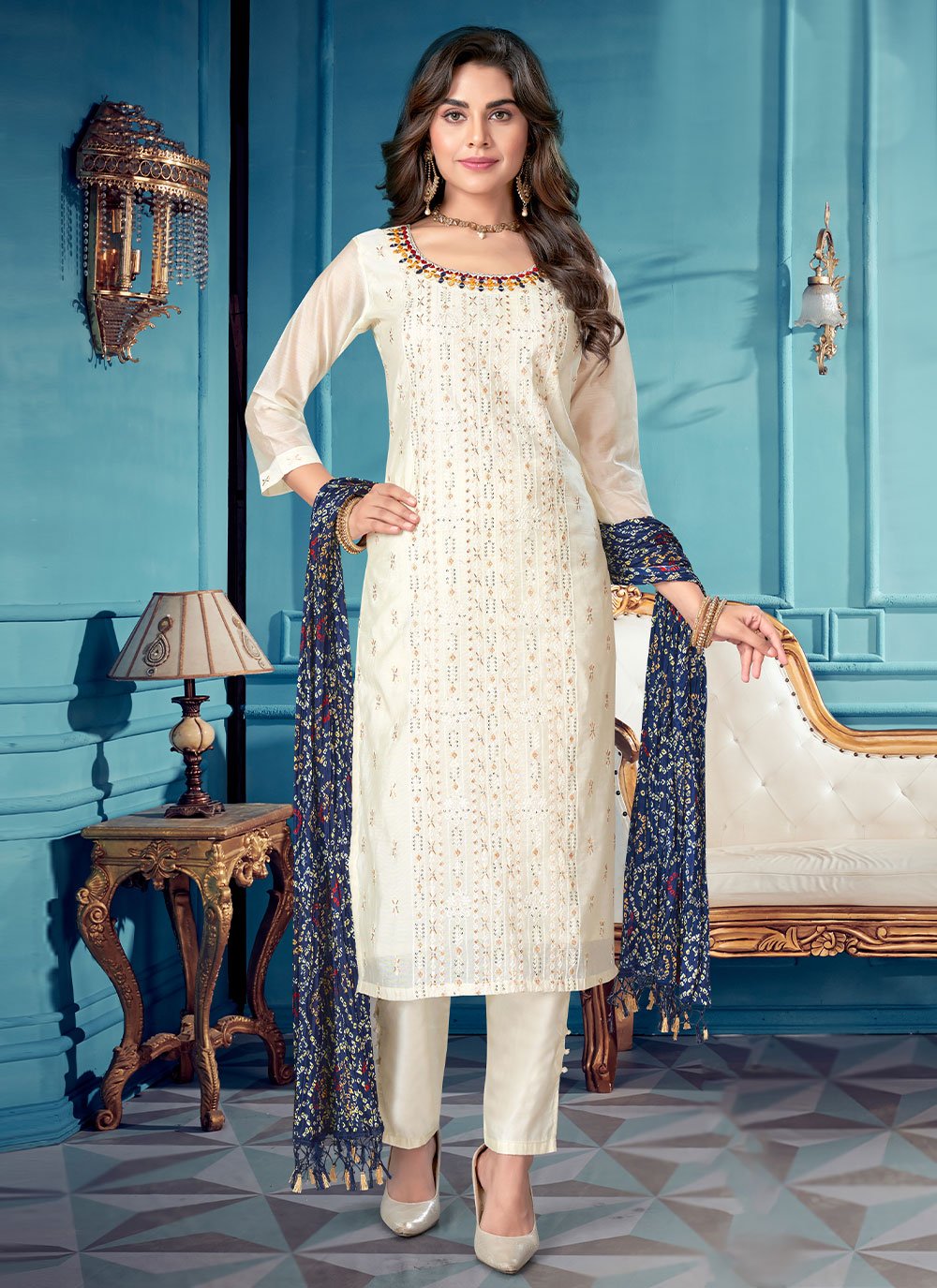 Salwar Suit Silk Off White Embroidered Salwar Kameez