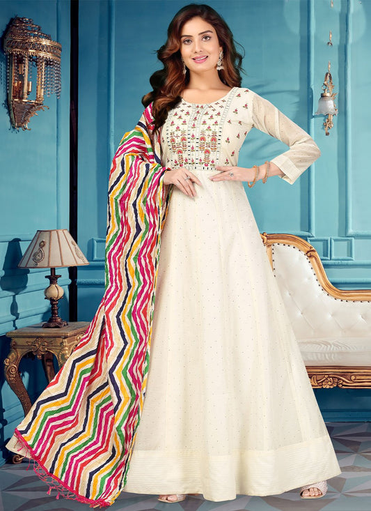 Anarkali Suit Silk Off White Embroidered Salwar Kameez