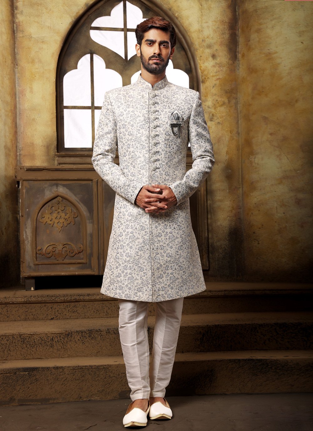 Indo Western Imported Jacquard Off White Embroidered Mens