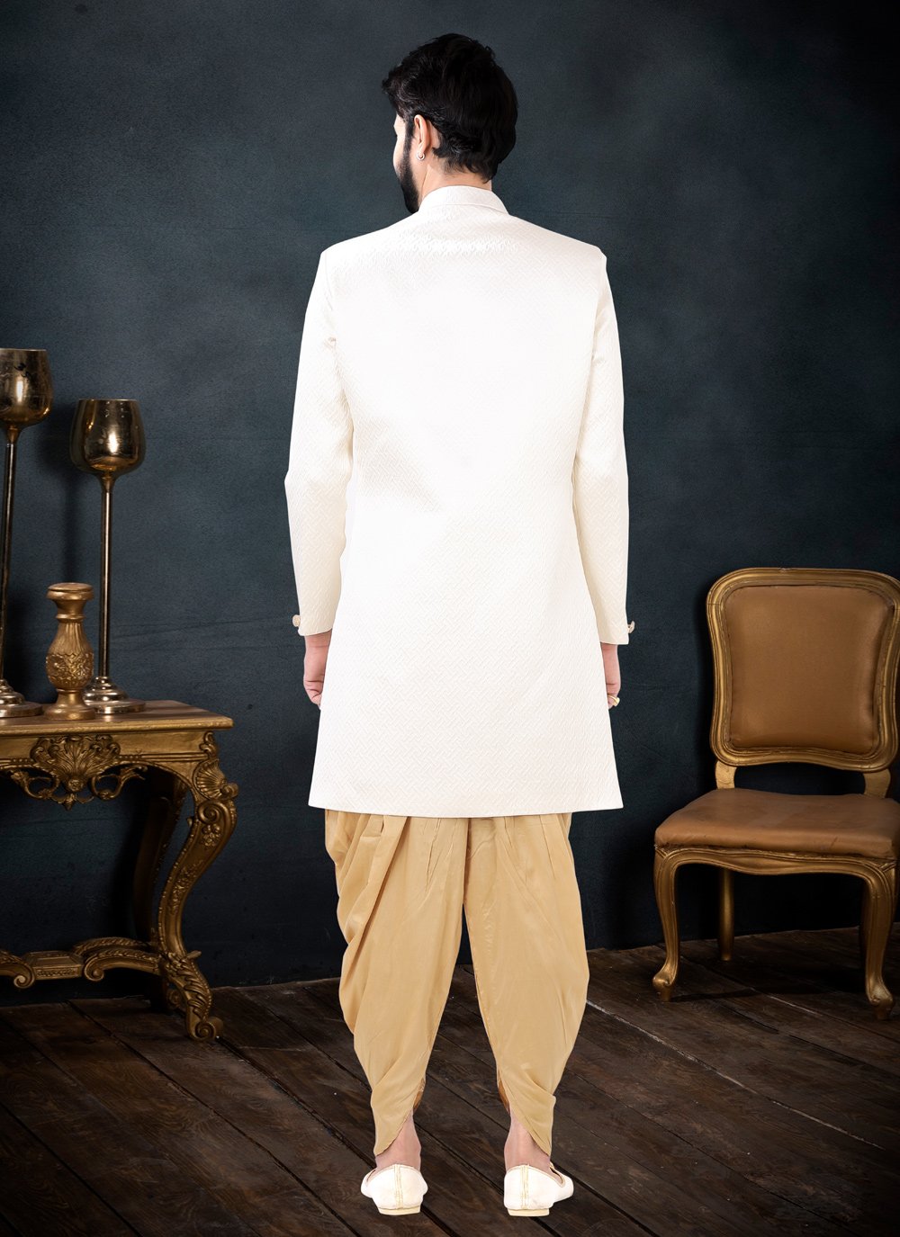 Indo Western Sherwani Jacquard Off White Woven Mens