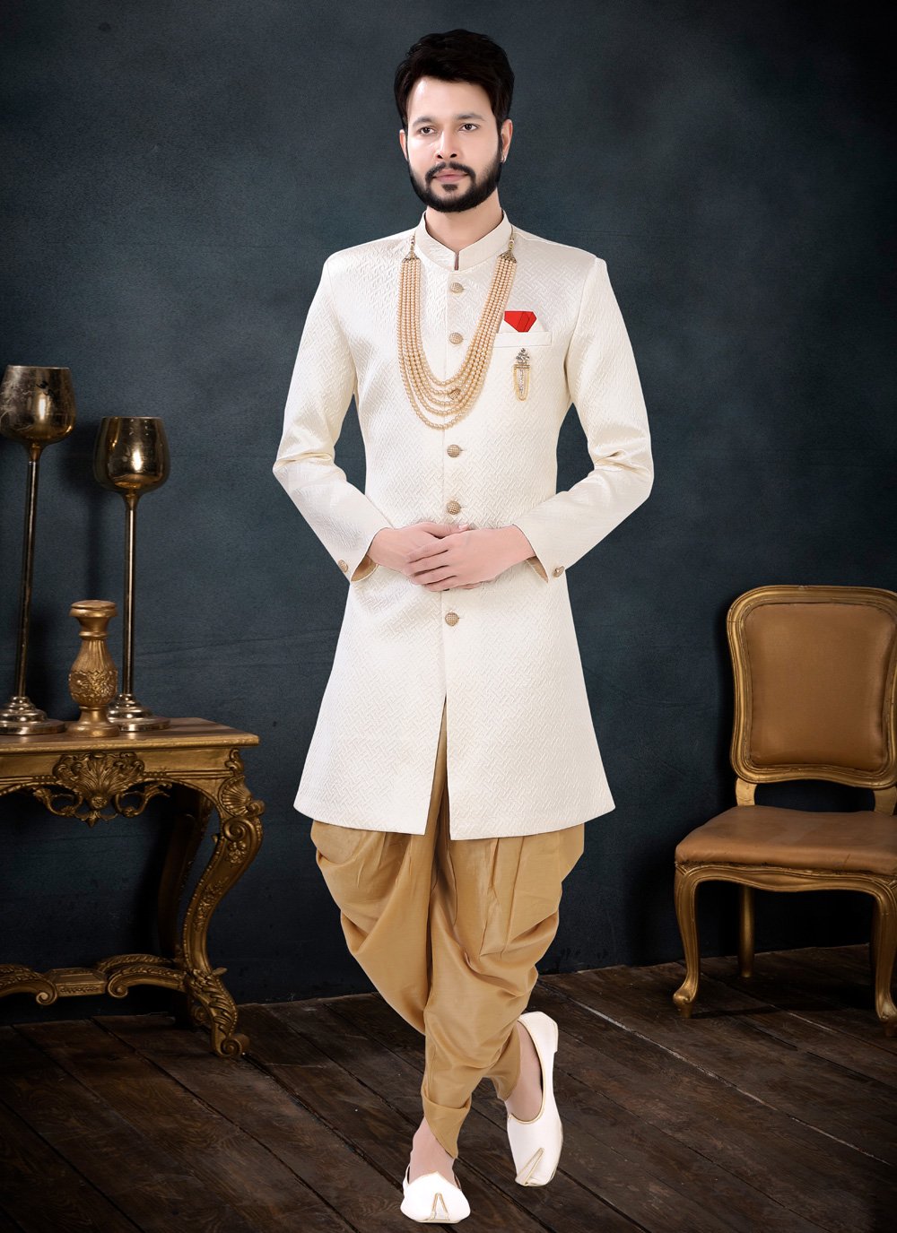 Indo Western Sherwani Jacquard Off White Woven Mens