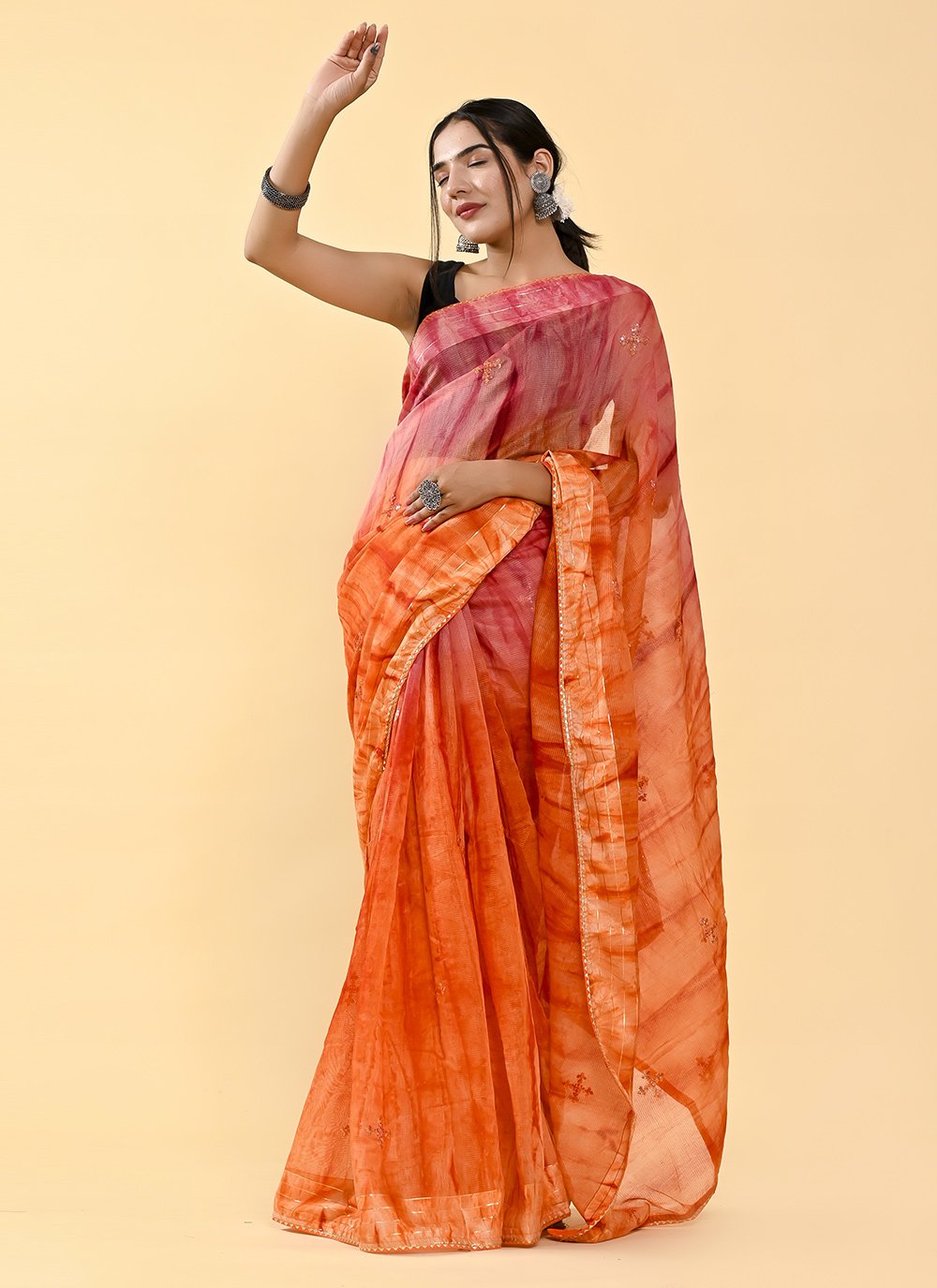 Shaded Saree Cotton Orange Pink Lace Saree