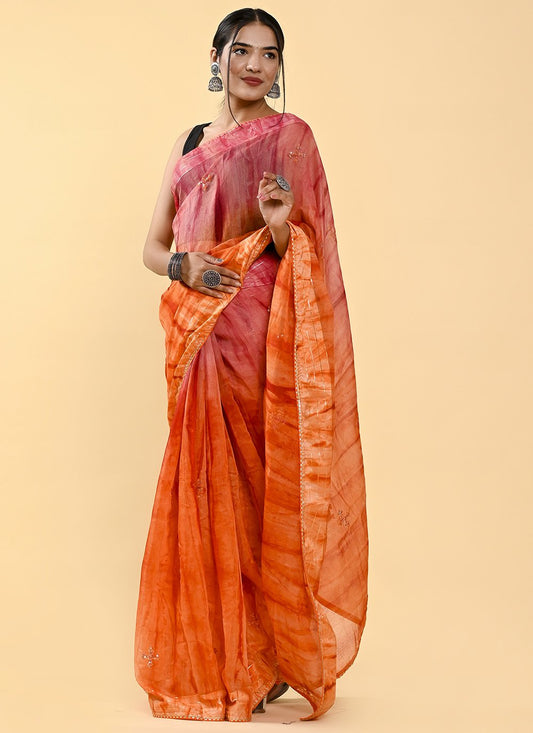 Shaded Saree Cotton Orange Pink Lace Saree