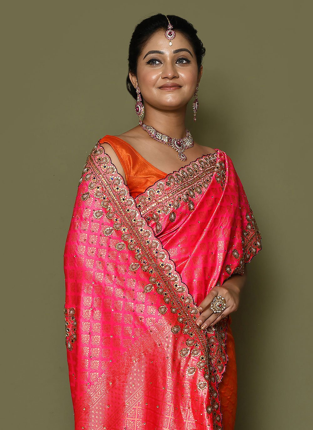 Classic Kanjivaram Silk Orange Pink Hand Work Saree