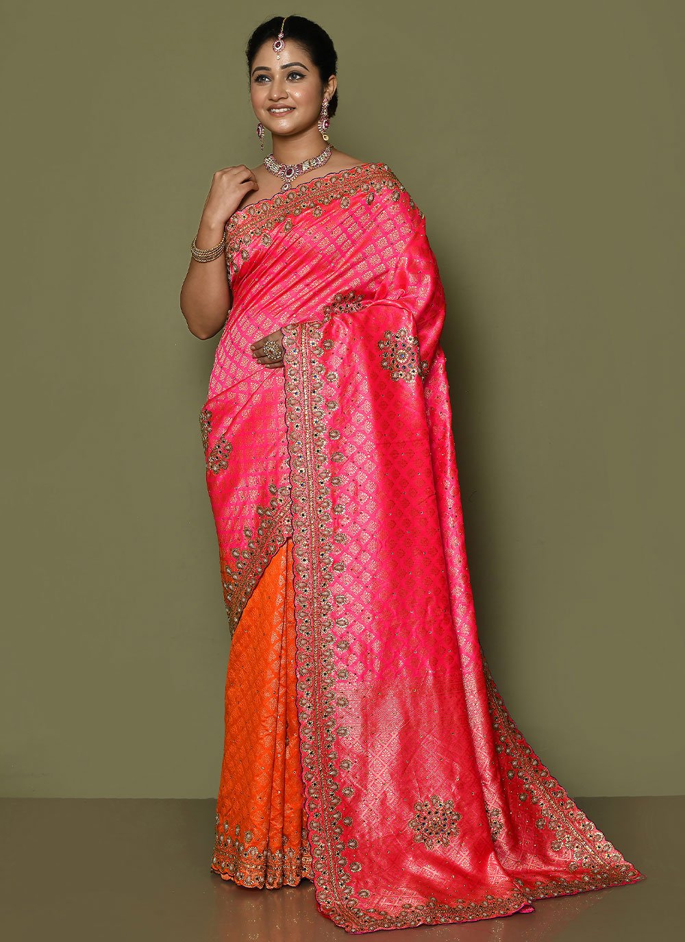 Classic Kanjivaram Silk Orange Pink Hand Work Saree