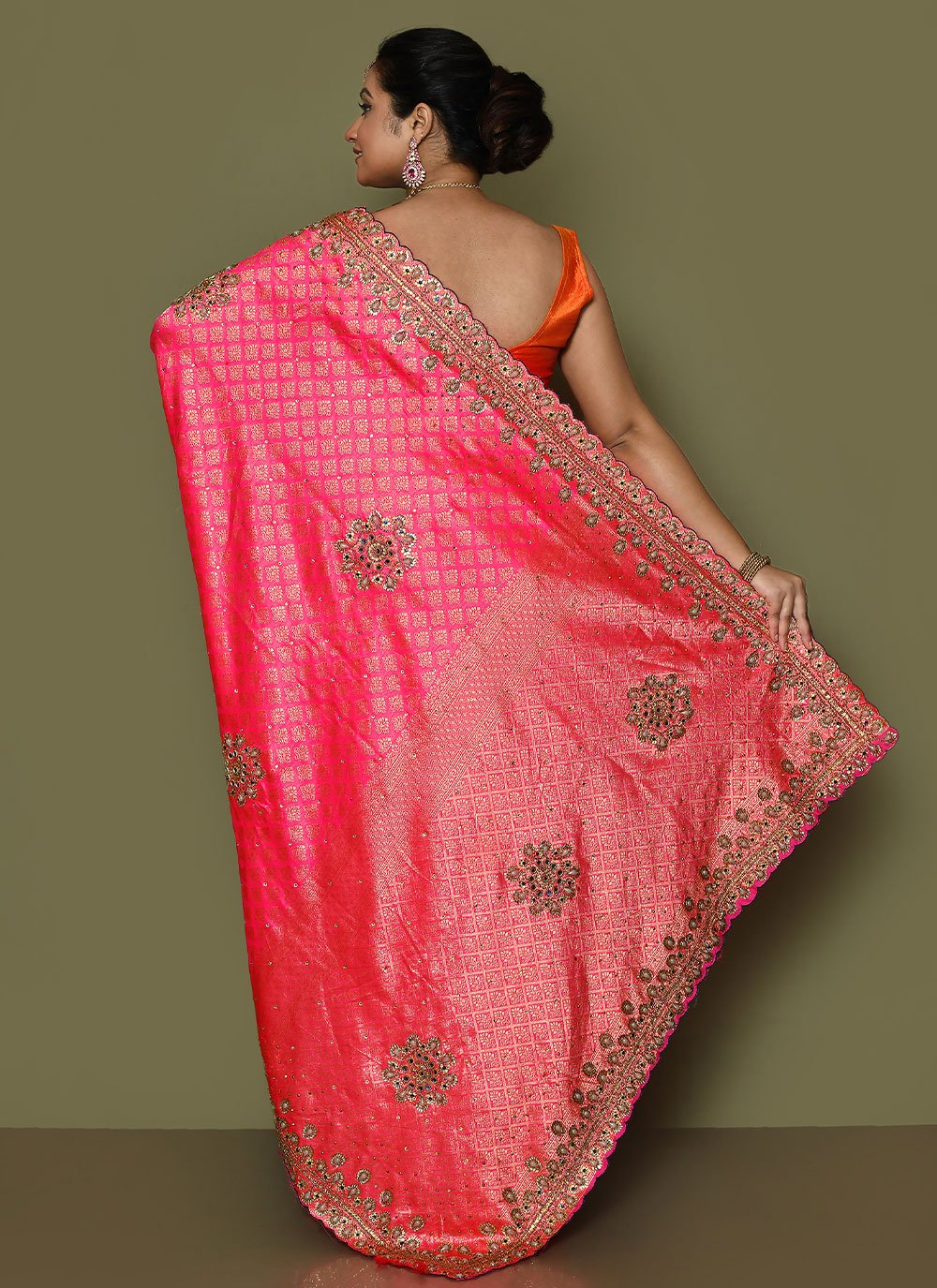 Classic Kanjivaram Silk Orange Pink Hand Work Saree