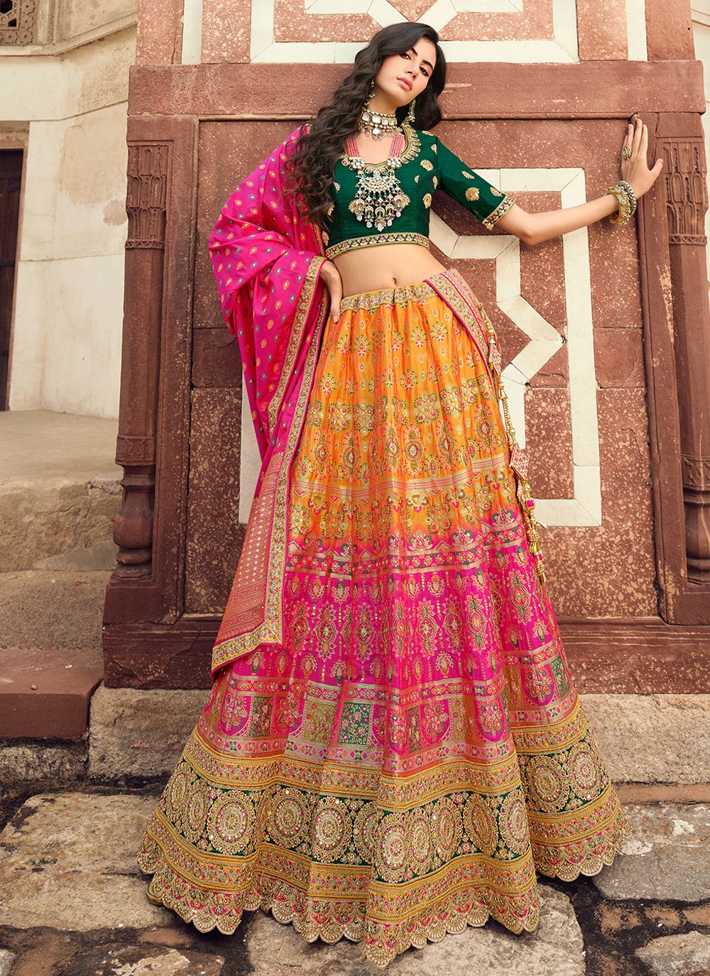 Lehenga Choli Silk Orange Pink Embroidered Lehenga Choli