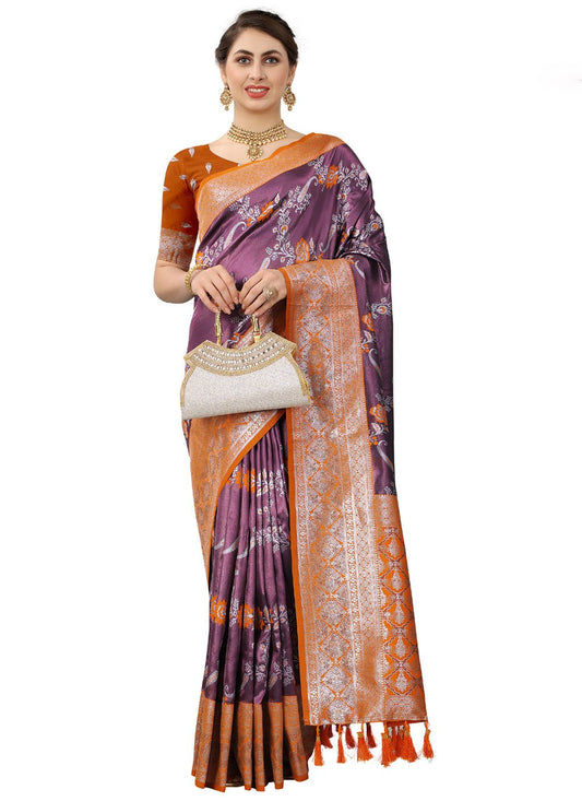 Designer Kanjivaram Silk Orange Purple Weaving Saree