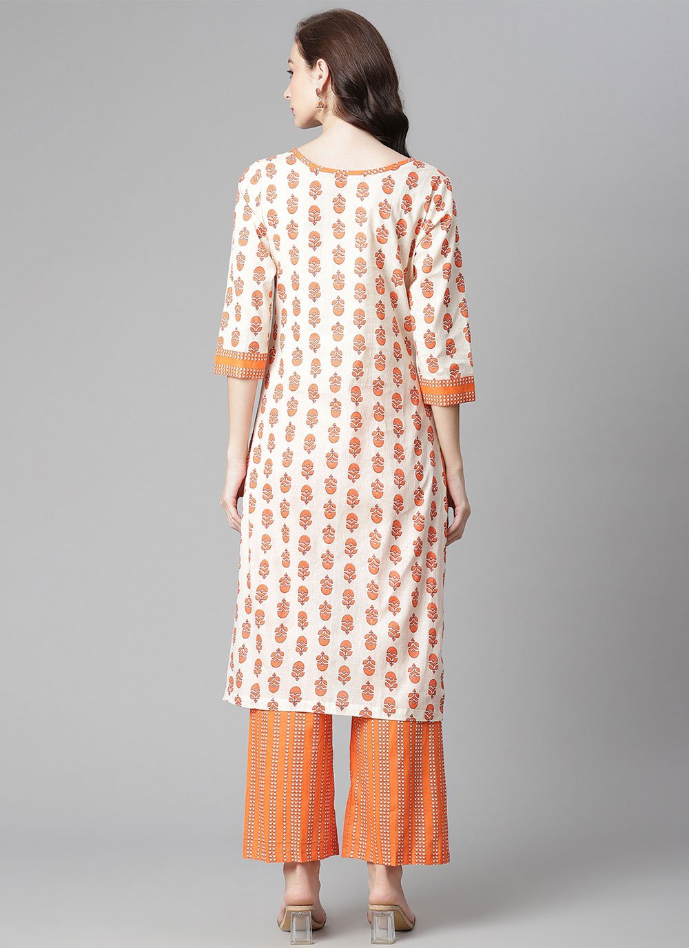 Party Wear Kurti Cotton Orange White Print Kurtis