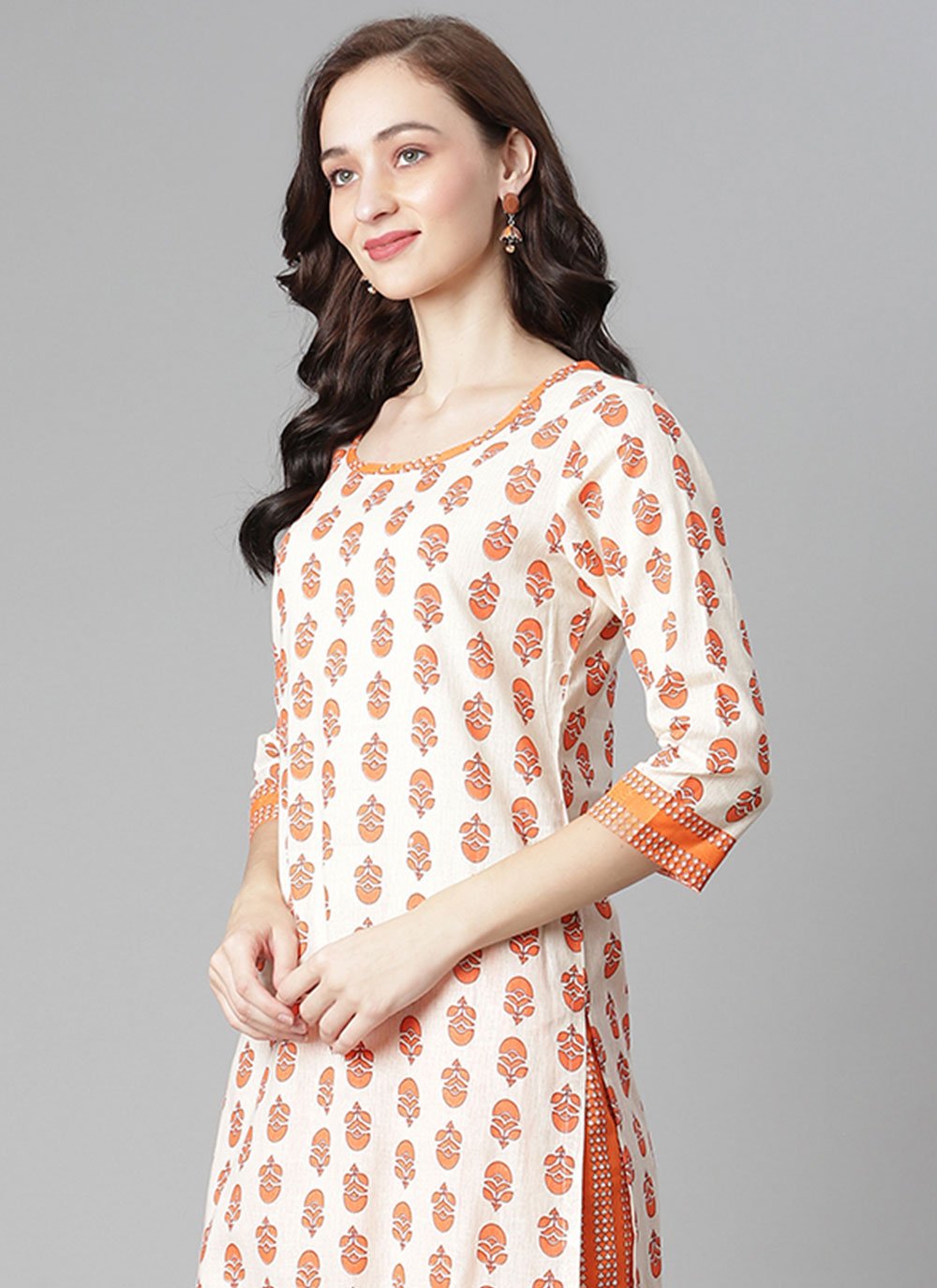 Party Wear Kurti Cotton Orange White Print Kurtis