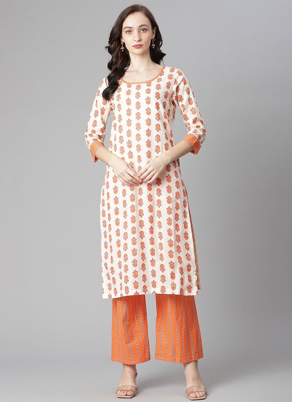 Party Wear Kurti Cotton Orange White Print Kurtis