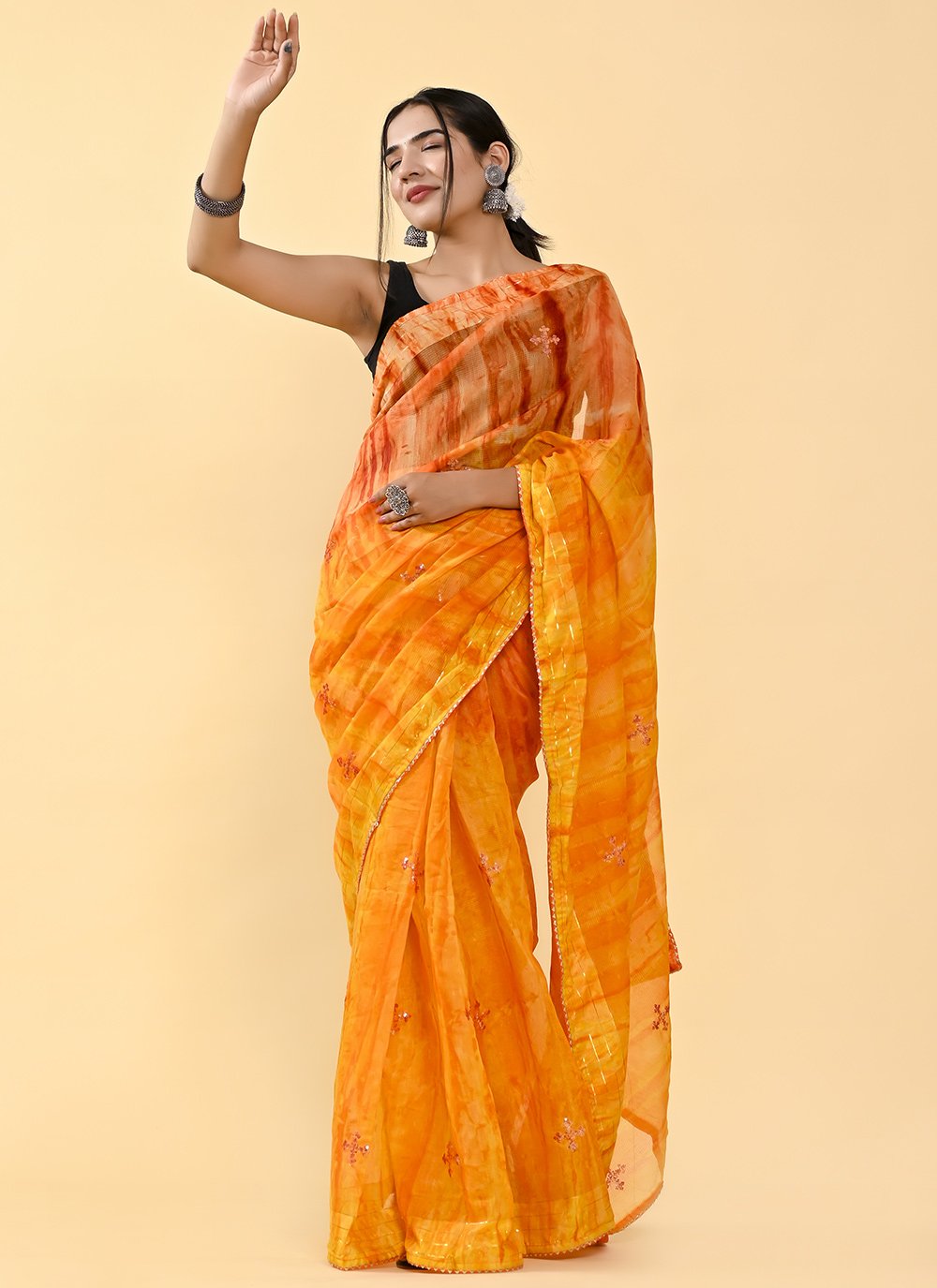 Shaded Saree Cotton Orange Yellow Lace Saree