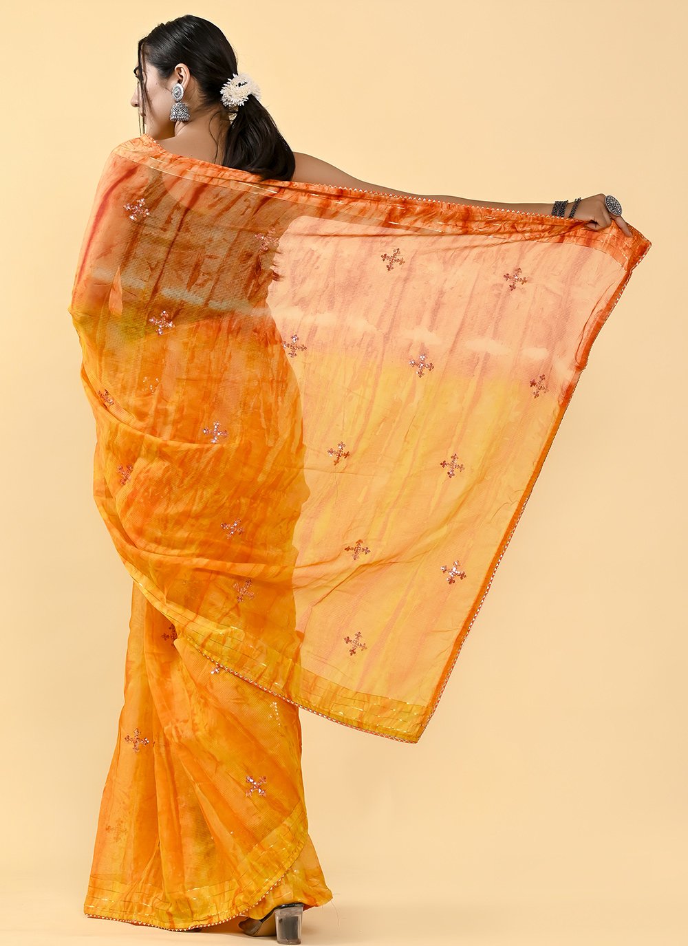 Shaded Saree Cotton Orange Yellow Lace Saree