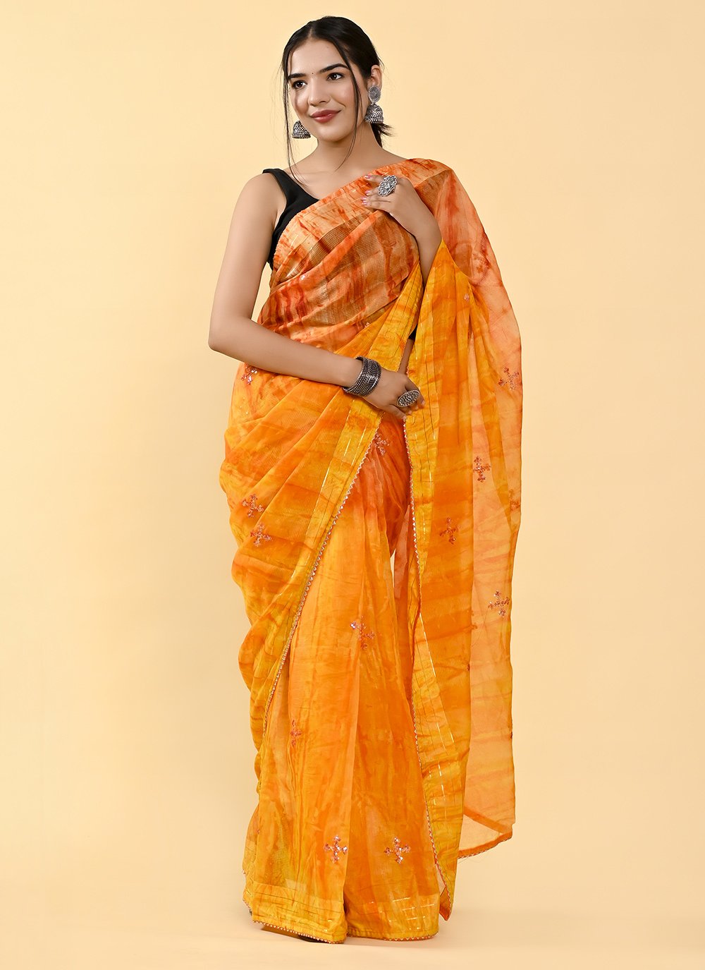 Shaded Saree Cotton Orange Yellow Lace Saree