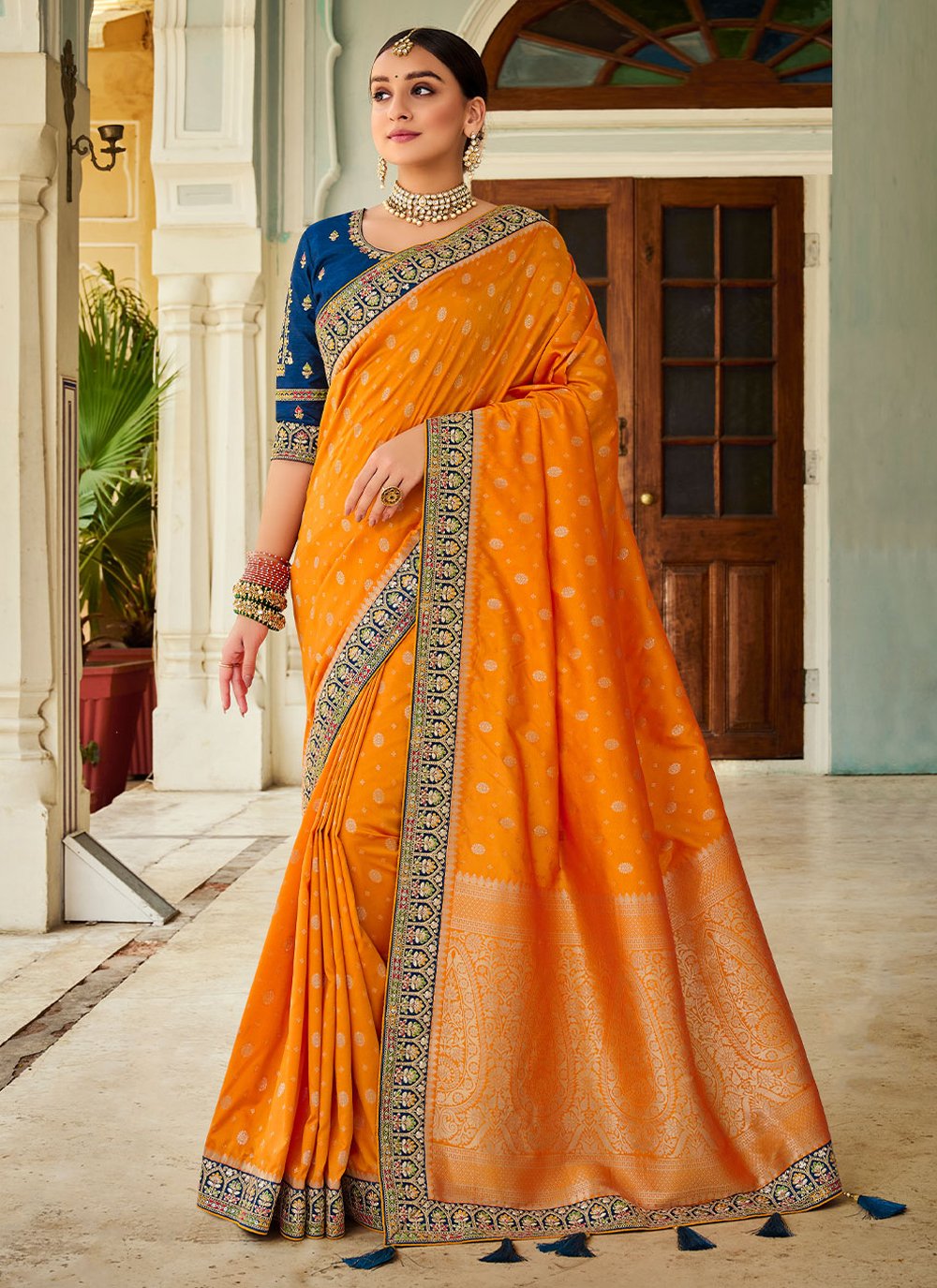 Classic Banarasi Silk Orange Weaving Saree