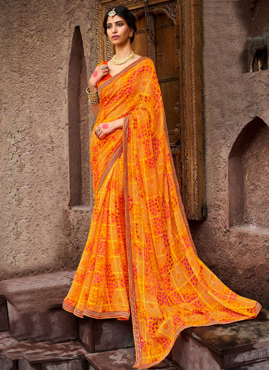 Classic Chiffon Orange Bandhej Saree