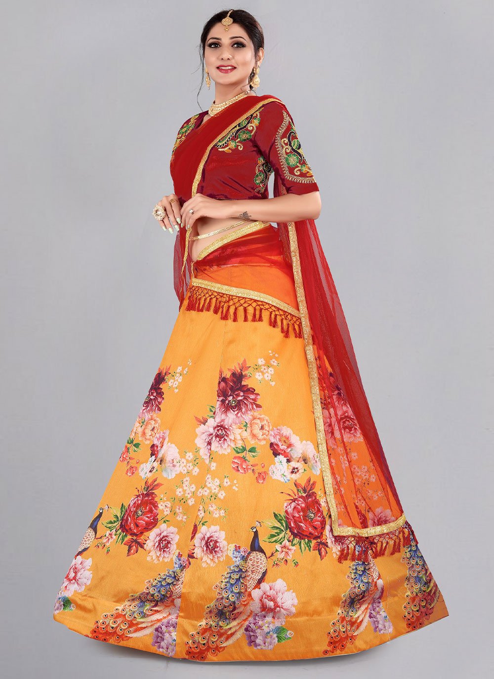 Lehenga Choli Banglori Silk Orange Floral Patch Lehenga Choli