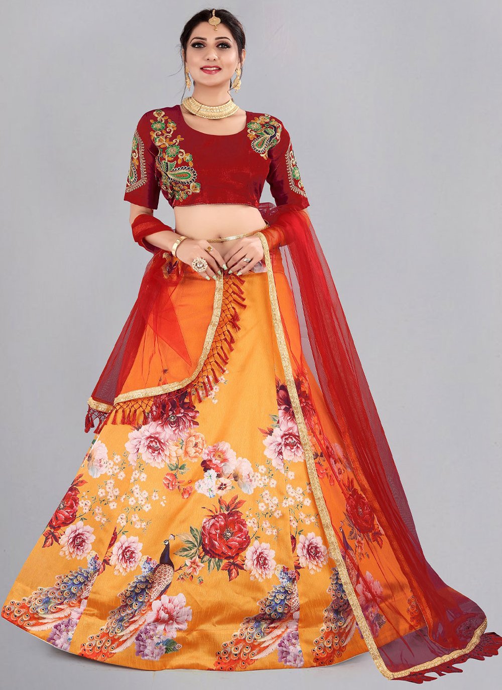 Lehenga Choli Banglori Silk Orange Floral Patch Lehenga Choli