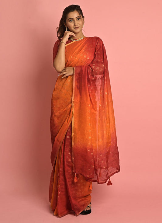 Casual Cotton Orange Fancy Work Saree