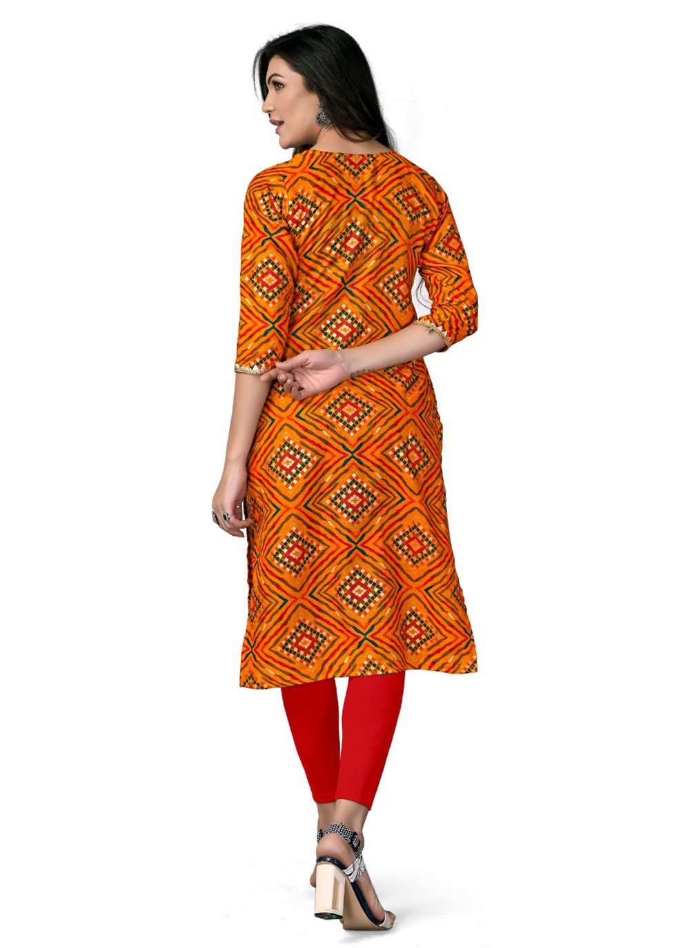 Designer Kurti Cotton Rayon Orange Foil Print Kurtis