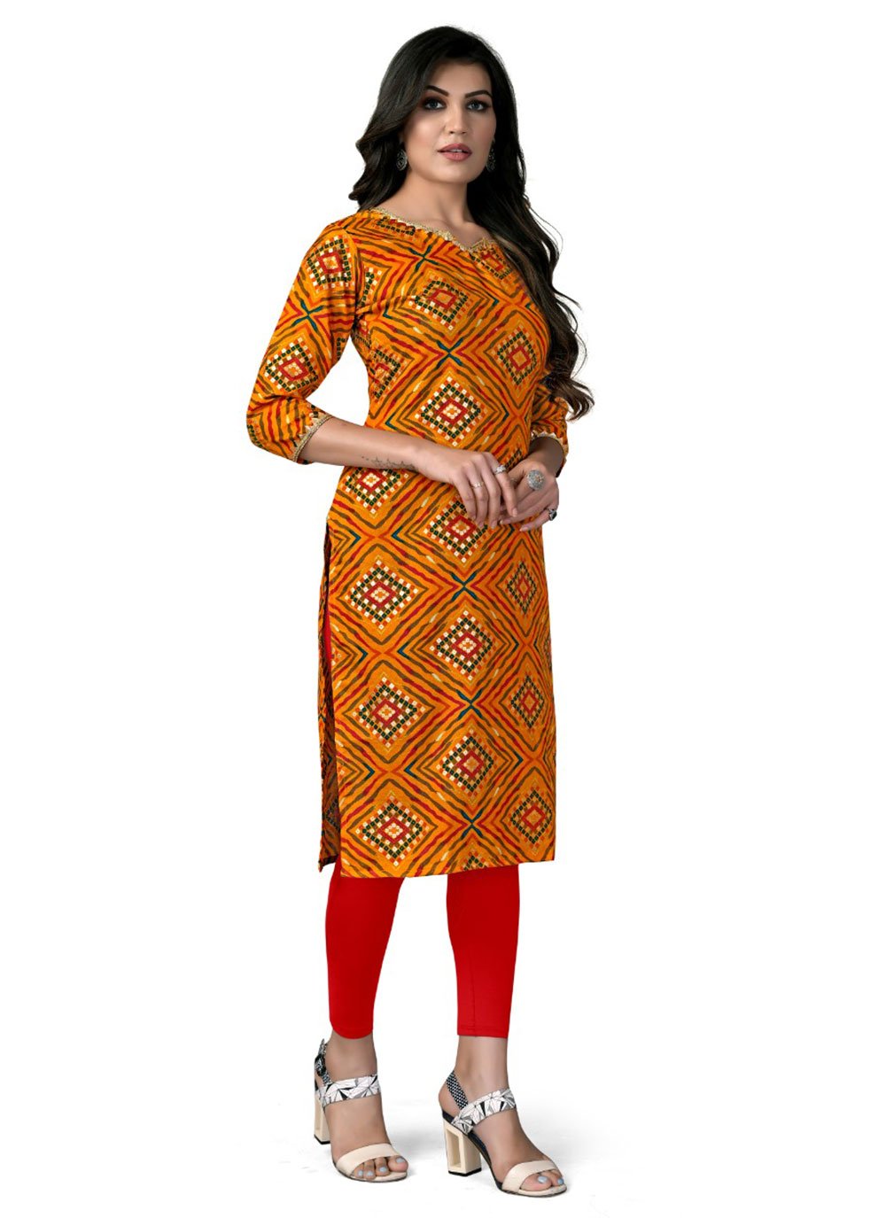 Designer Kurti Cotton Rayon Orange Foil Print Kurtis