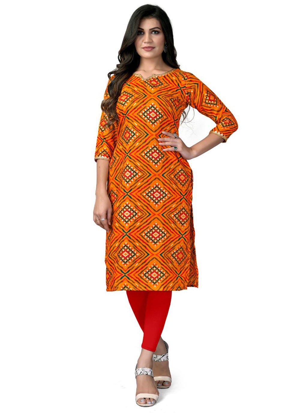 Designer Kurti Cotton Rayon Orange Foil Print Kurtis