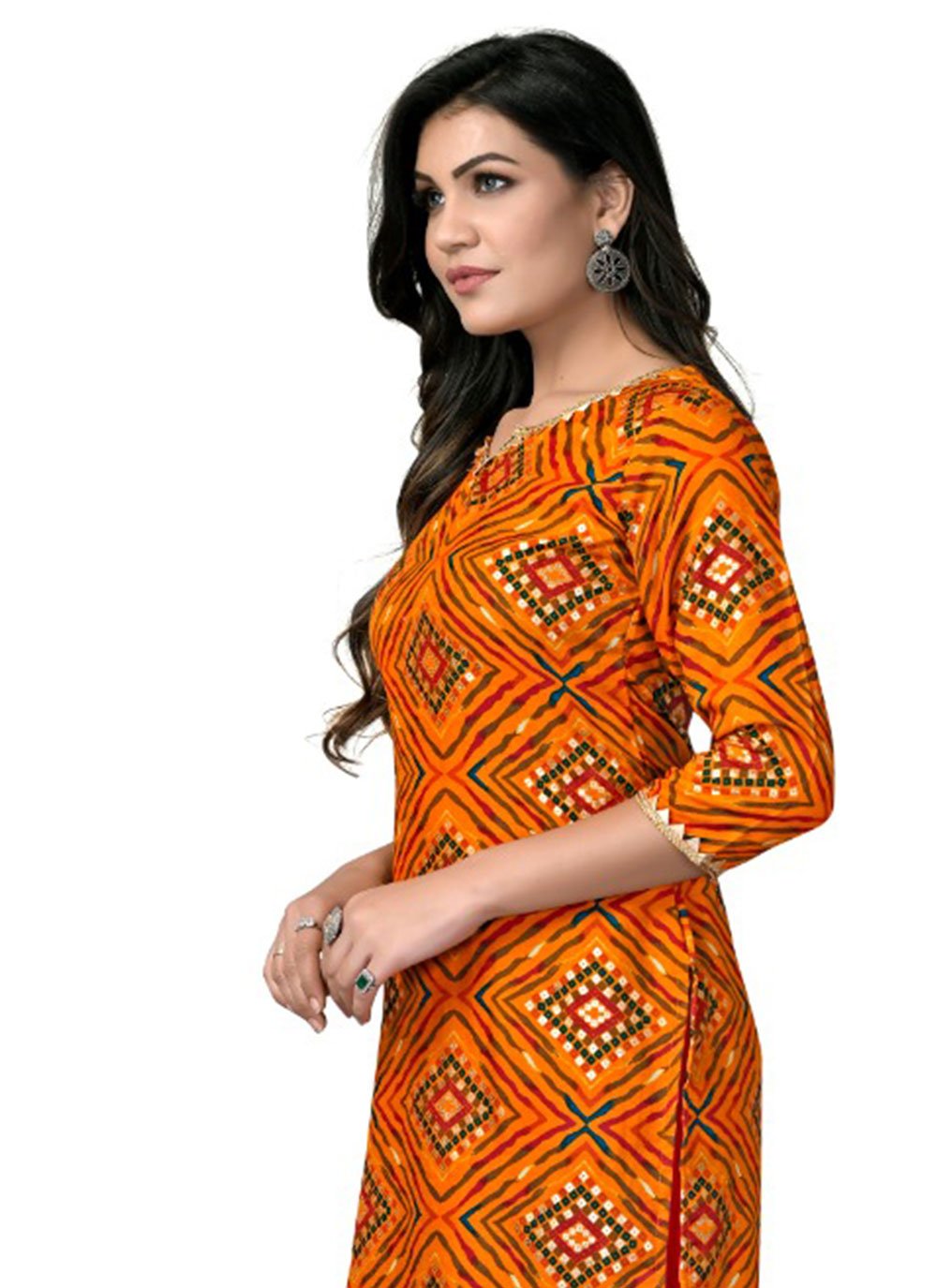 Designer Kurti Cotton Rayon Orange Foil Print Kurtis