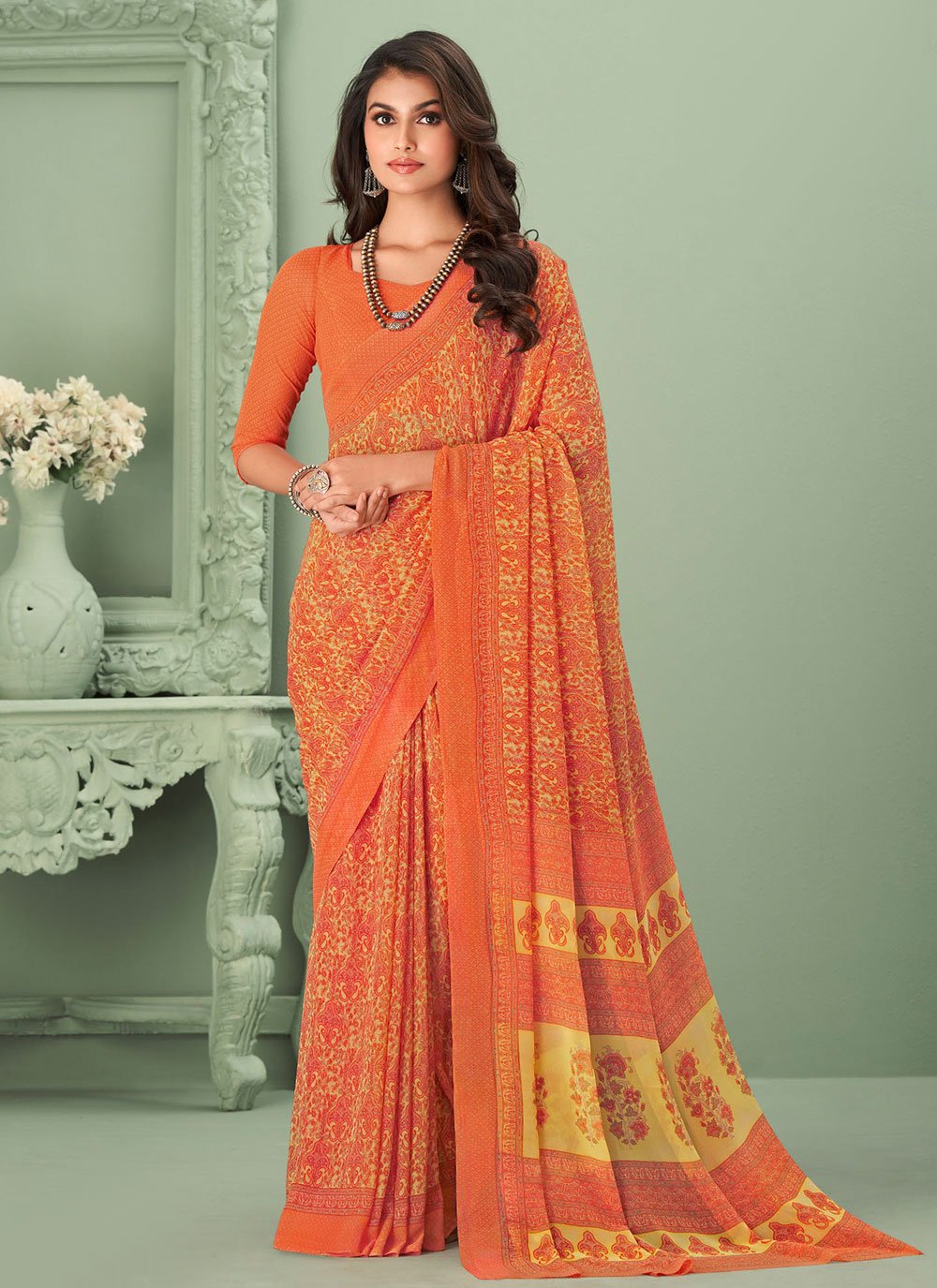 Classic Georgette Orange Print Saree