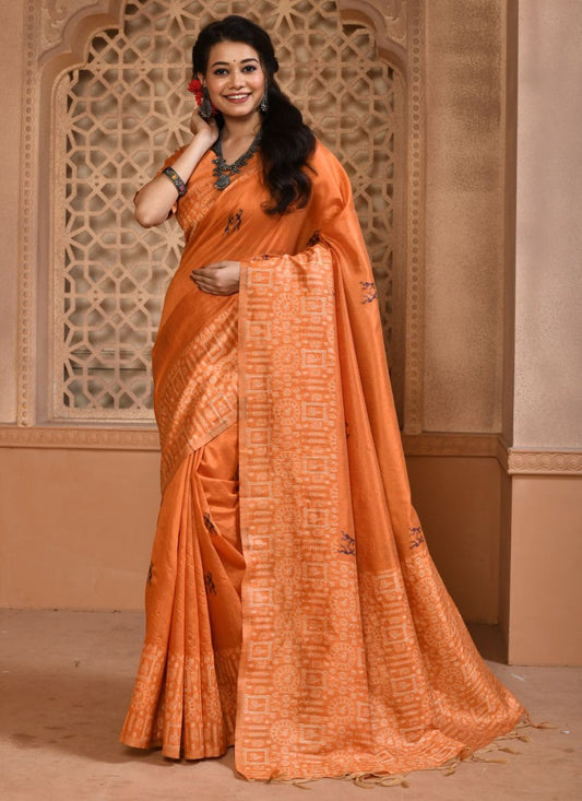 Trendy Saree Handloom Silk Orange Woven Saree