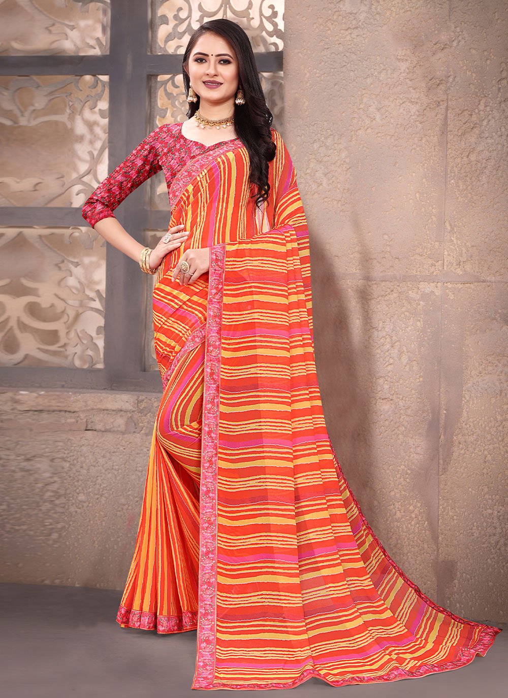 Contemporary Weight Less Orange Digital Print Saree